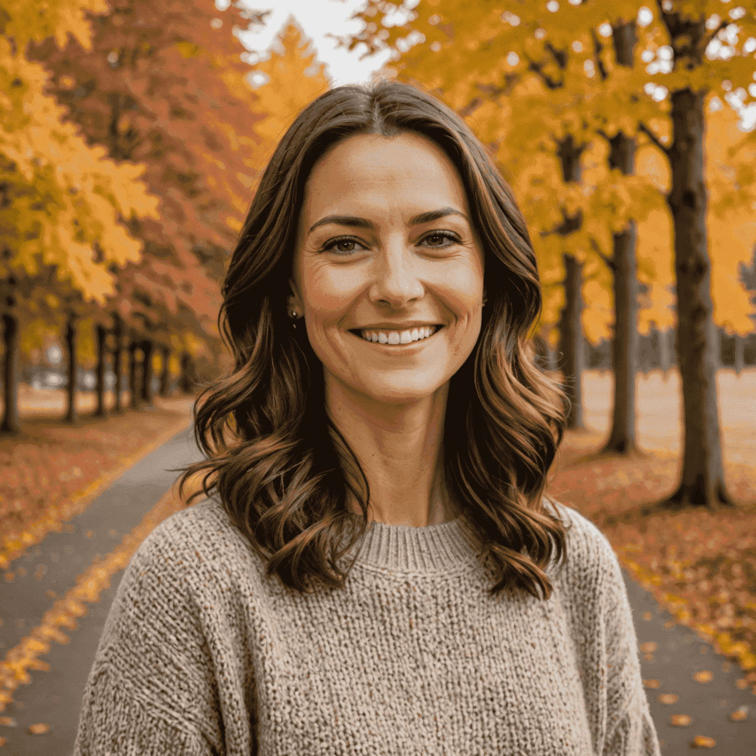 A smiling woman in her early 30s with shoulder-length brown hair, wearing a cozy knit sweater. She's standing in front of a backdrop of Canadian maple trees with autumn colors.