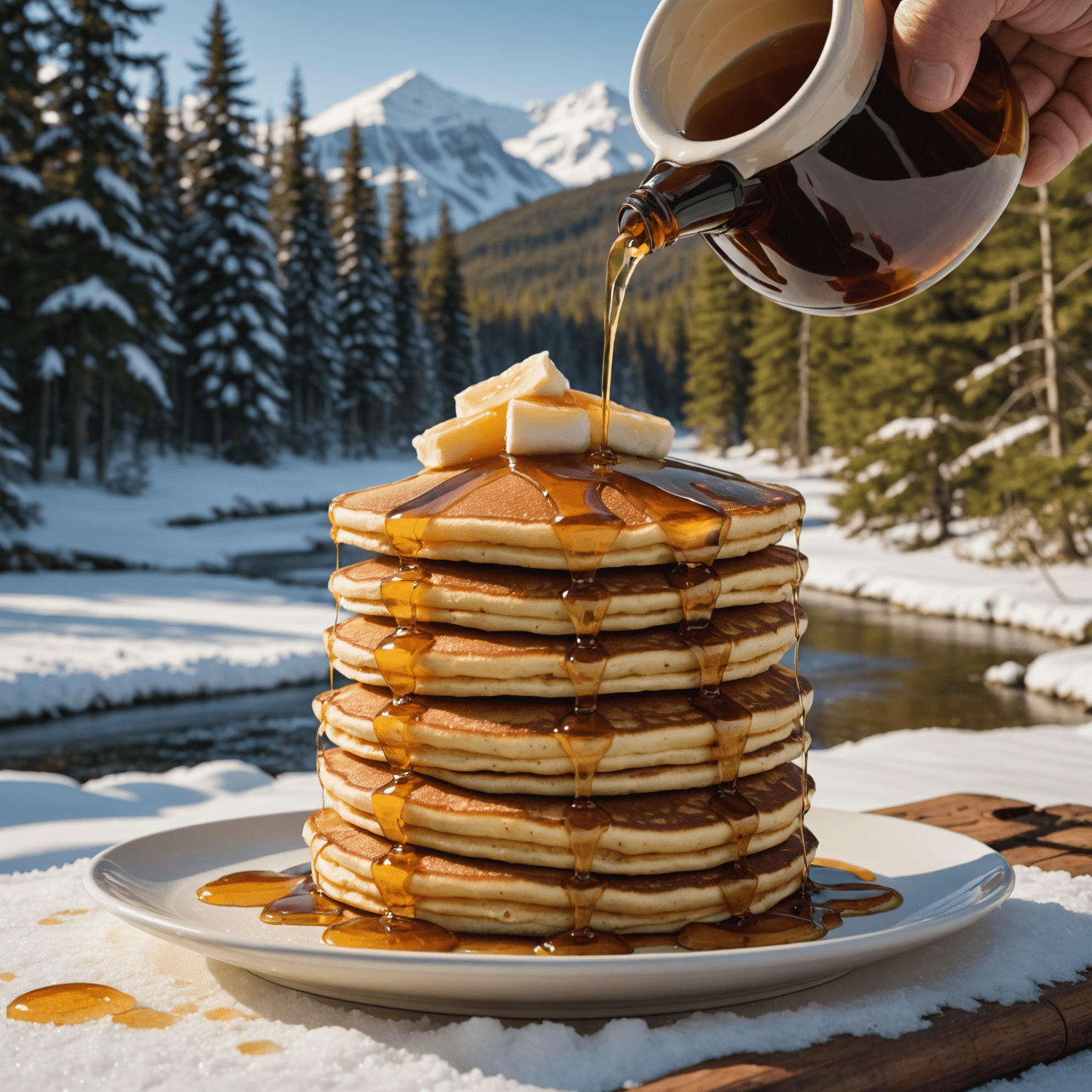 A golden stream of maple syrup being poured onto a stack of pancakes, with a snowy Canadian forest in the background