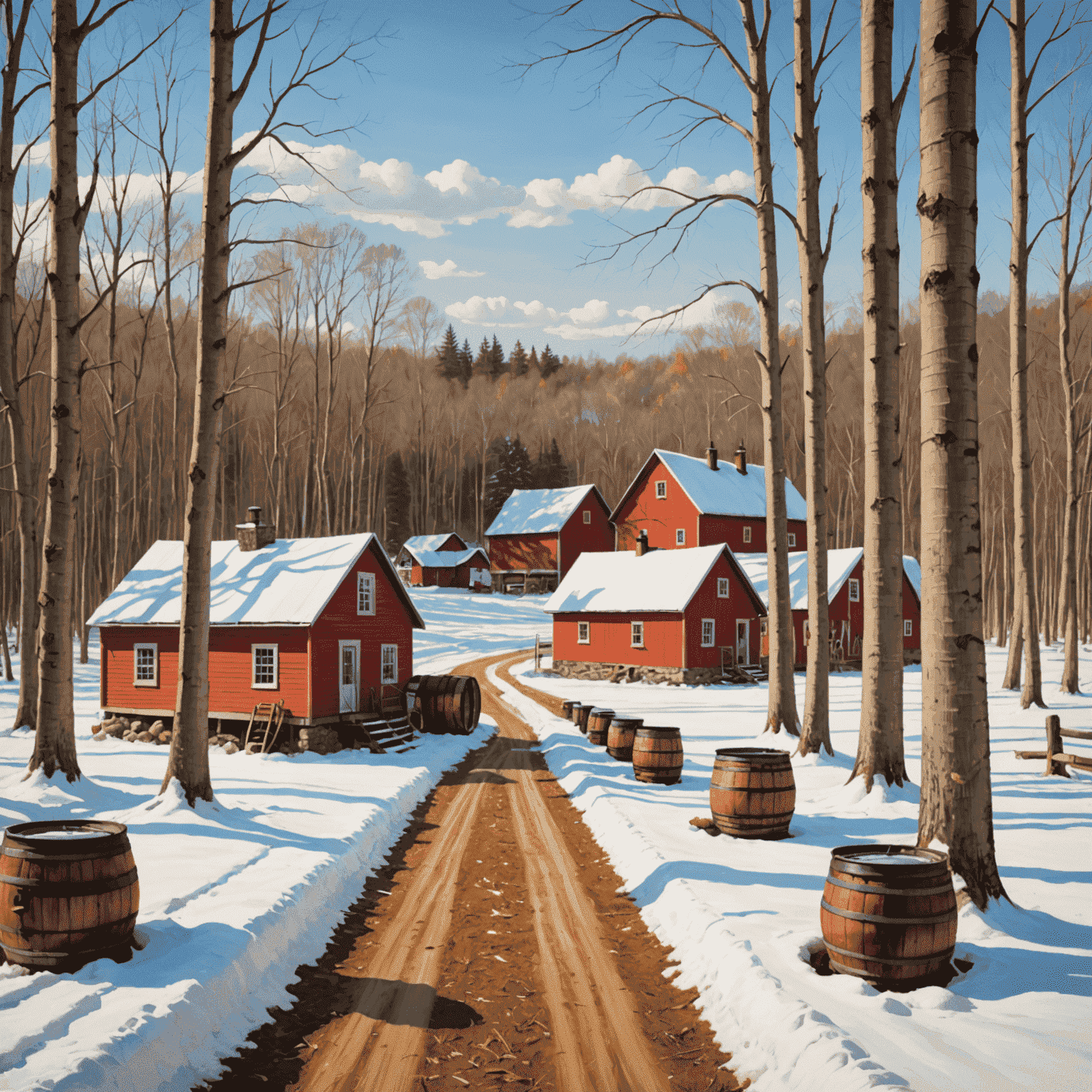 A picturesque maple syrup farm in Quebec, with rows of maple trees connected by sap lines, and a traditional sugar shack in the background during early spring