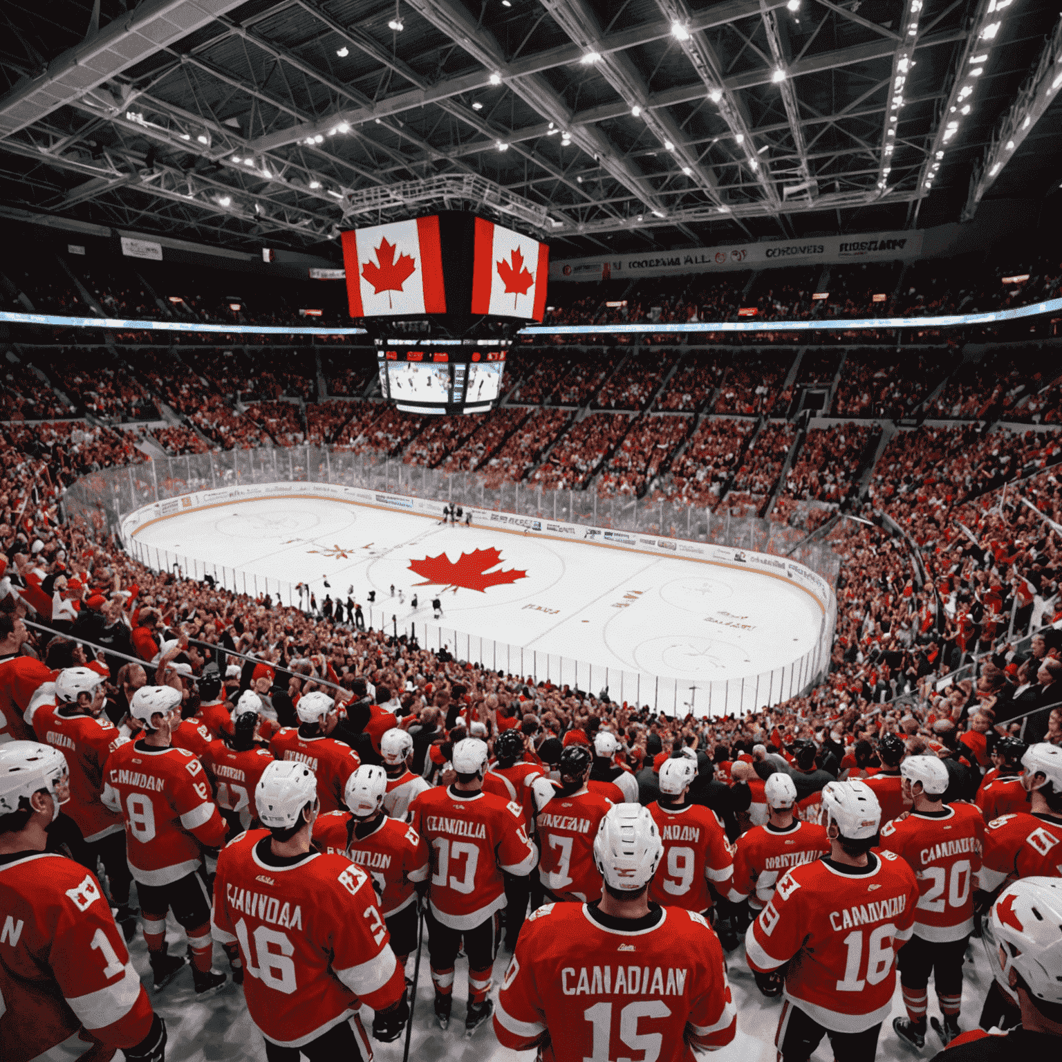 A packed Canadian hockey arena with fans cheering, wearing red and white jerseys, waving Canadian flags