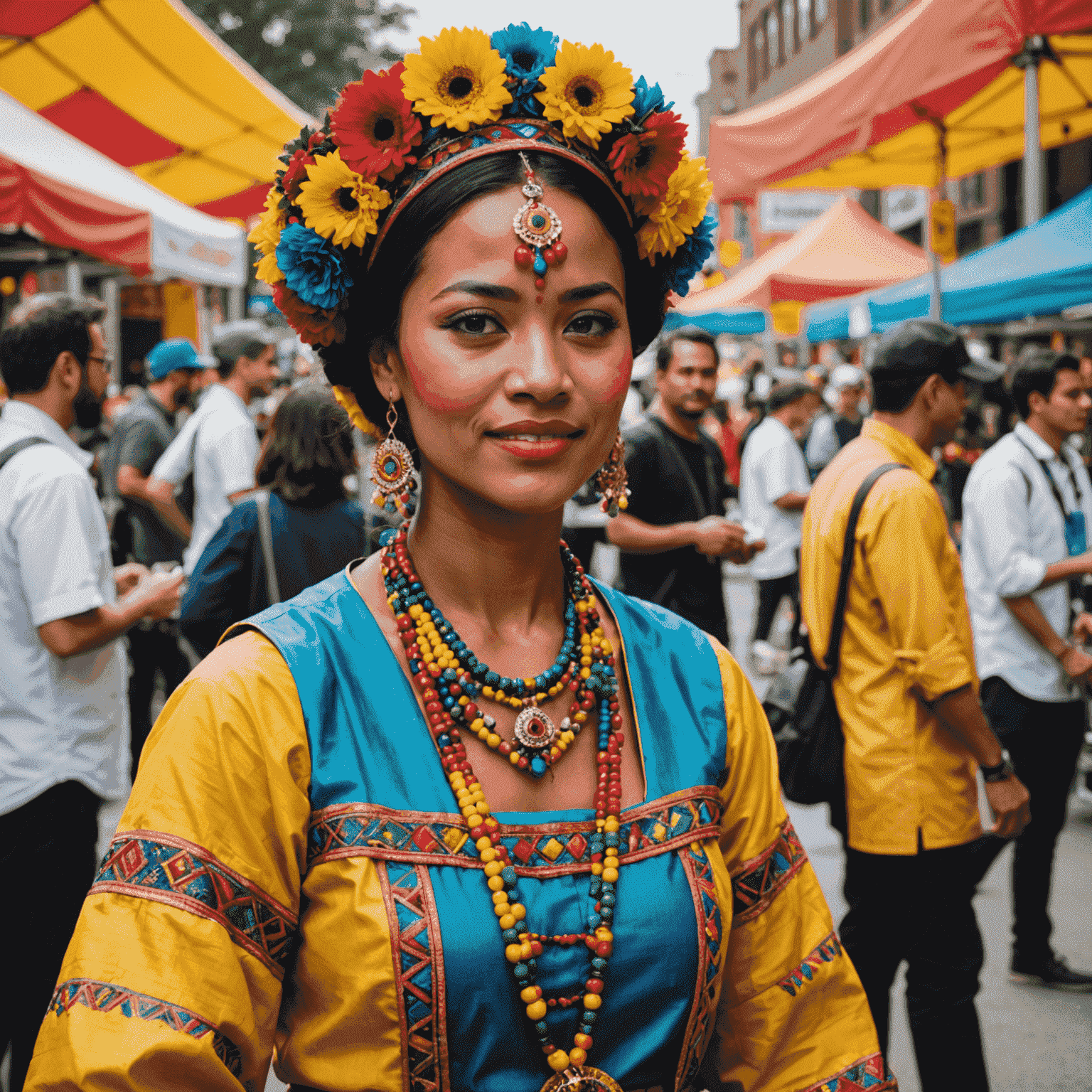 A vibrant street festival in Toronto showcasing various ethnic communities with colorful traditional costumes, food stalls, and performances