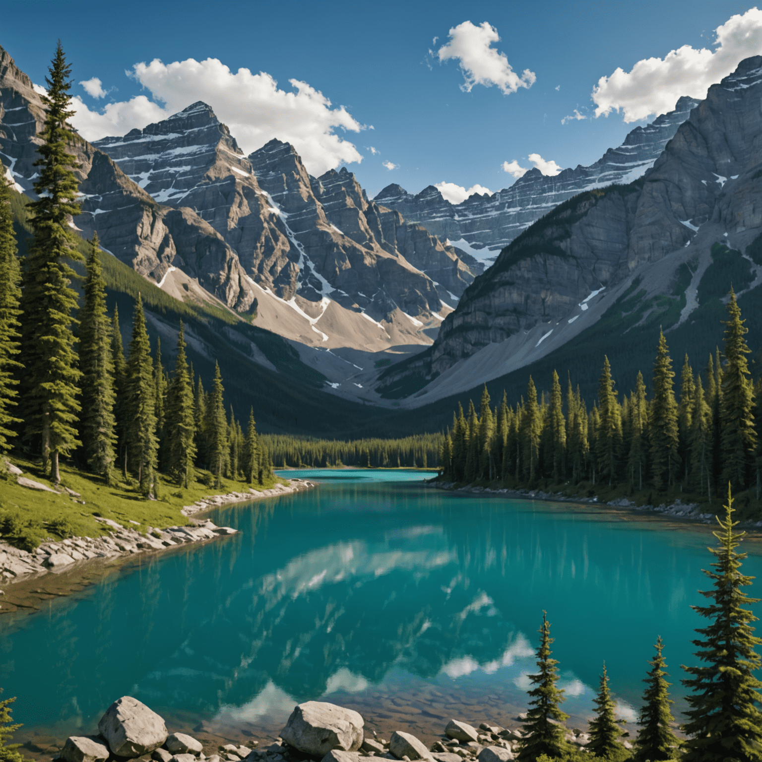 Panoramic view of the Canadian Rockies with snow-capped peaks, emerald lakes, and dense pine forests