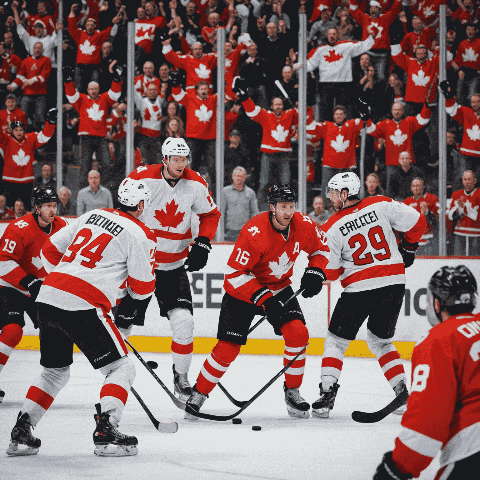 A lively ice hockey game in progress, with Canadian fans cheering in red and white, showcasing the passion for the national sport