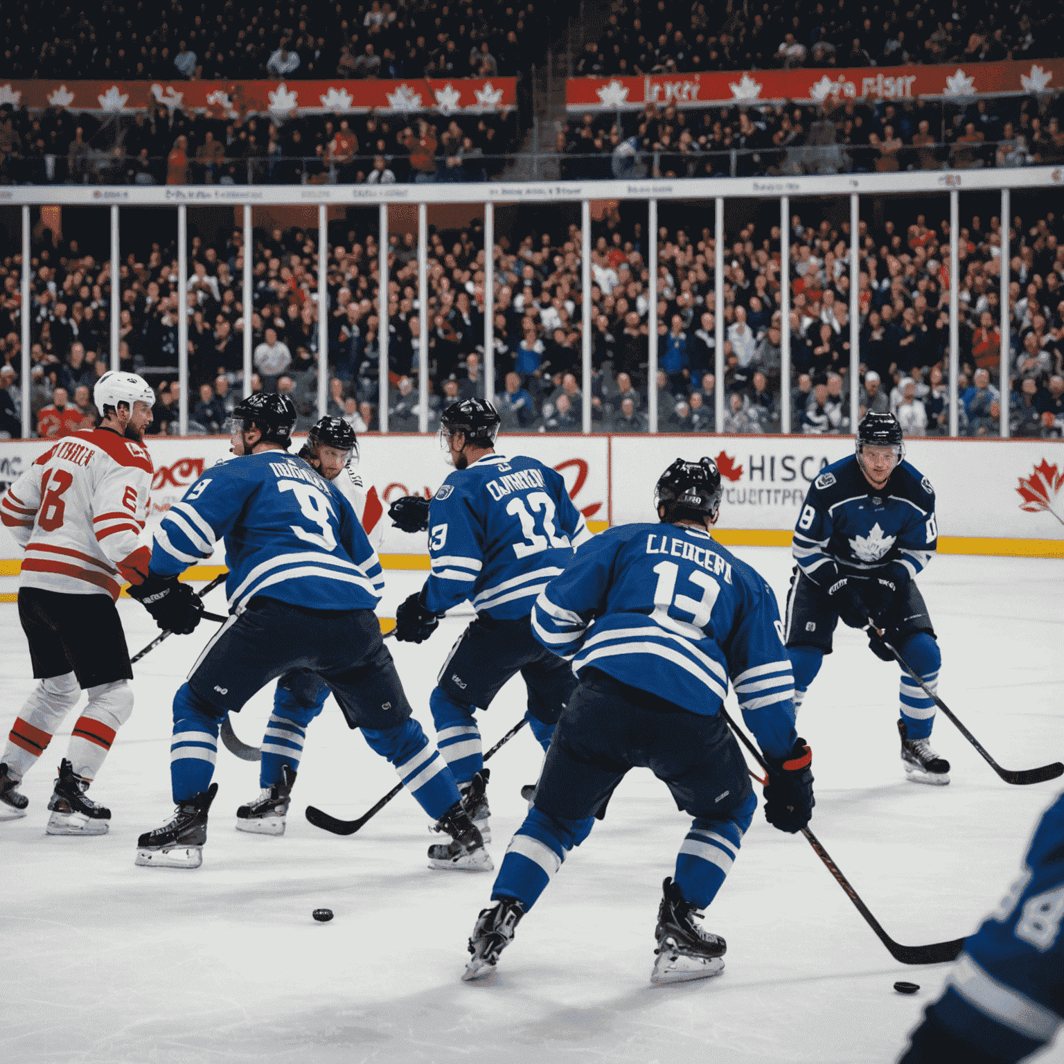 An exciting ice hockey match in a packed Canadian arena. Players in action on the ice, with passionate fans cheering in the background.