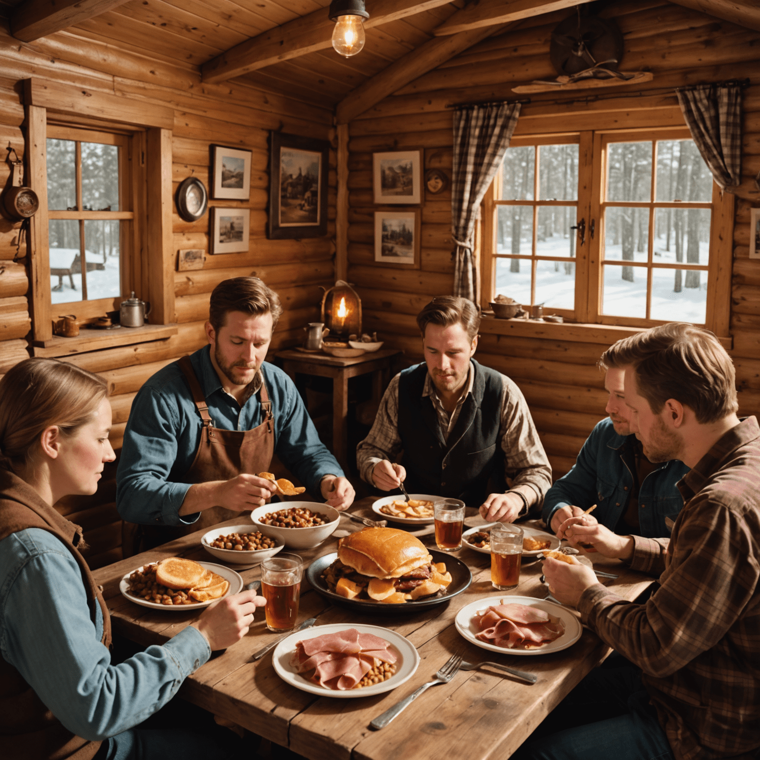 A diverse group of Canadians enjoying a traditional sugar shack meal, with plates of ham, beans, and pancakes covered in maple syrup, in a rustic wooden interior