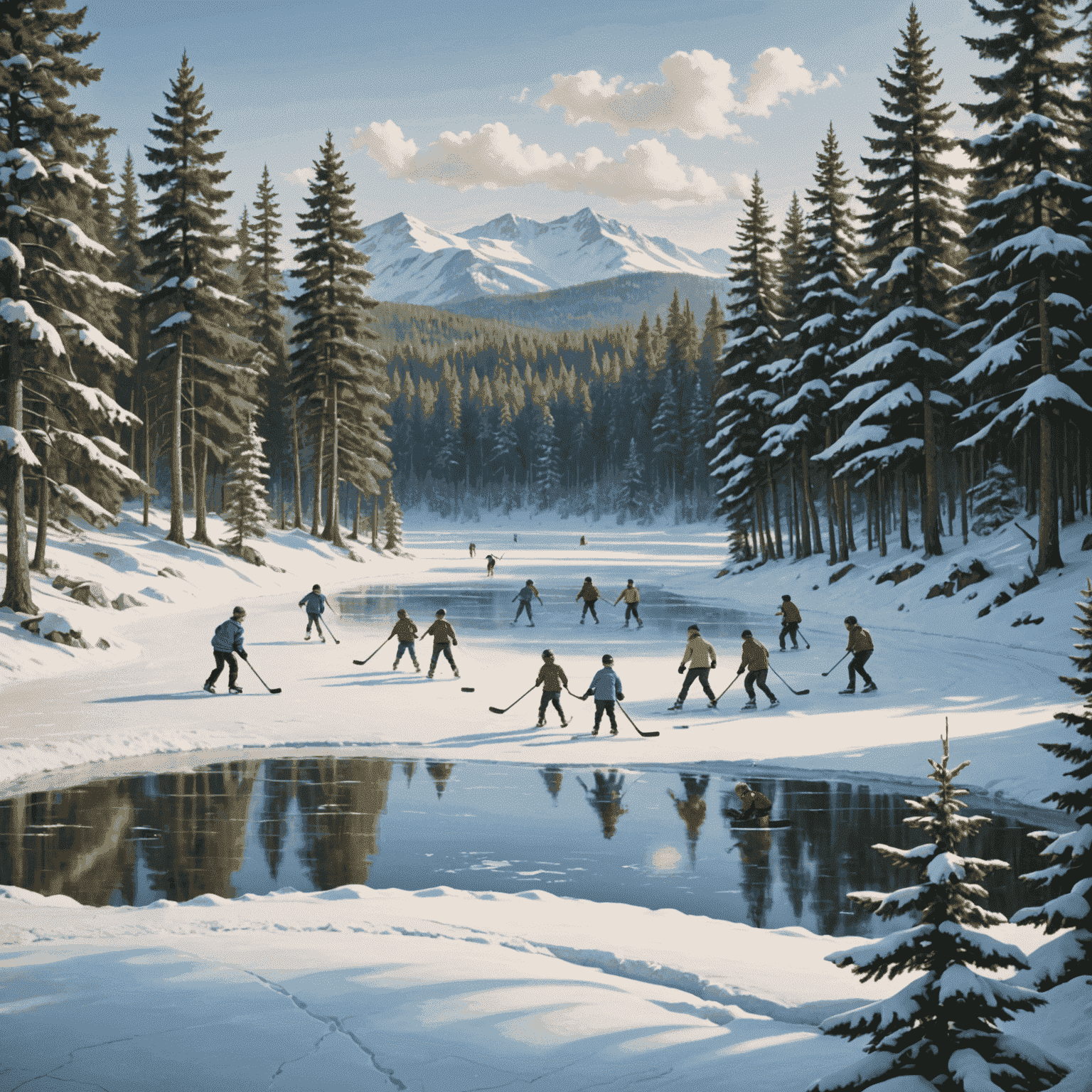 Children playing pond hockey on a frozen lake, surrounded by snow-covered pine trees