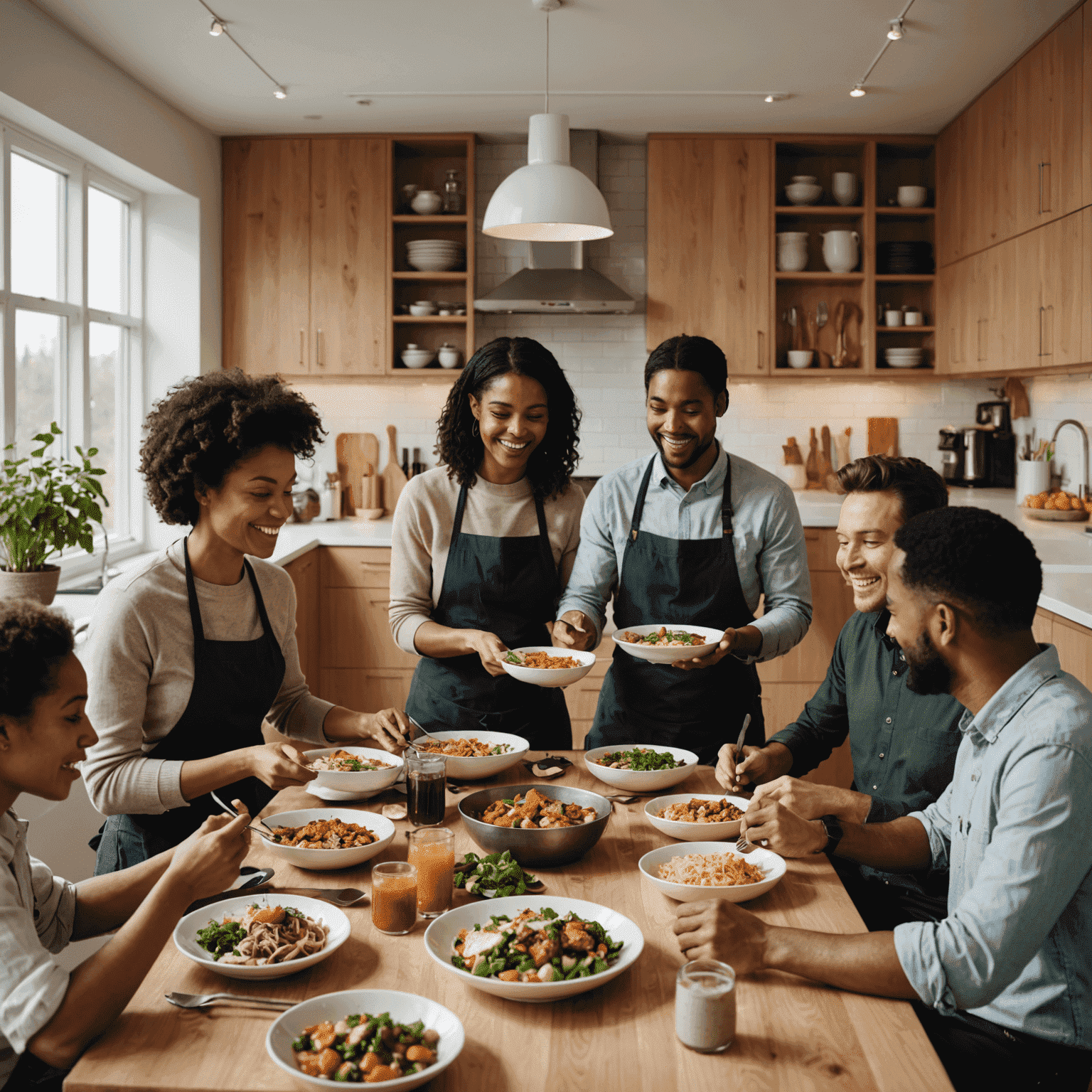 A multicultural group of Canadians sharing a meal in a modern, open-concept kitchen with elements of various cuisines visible