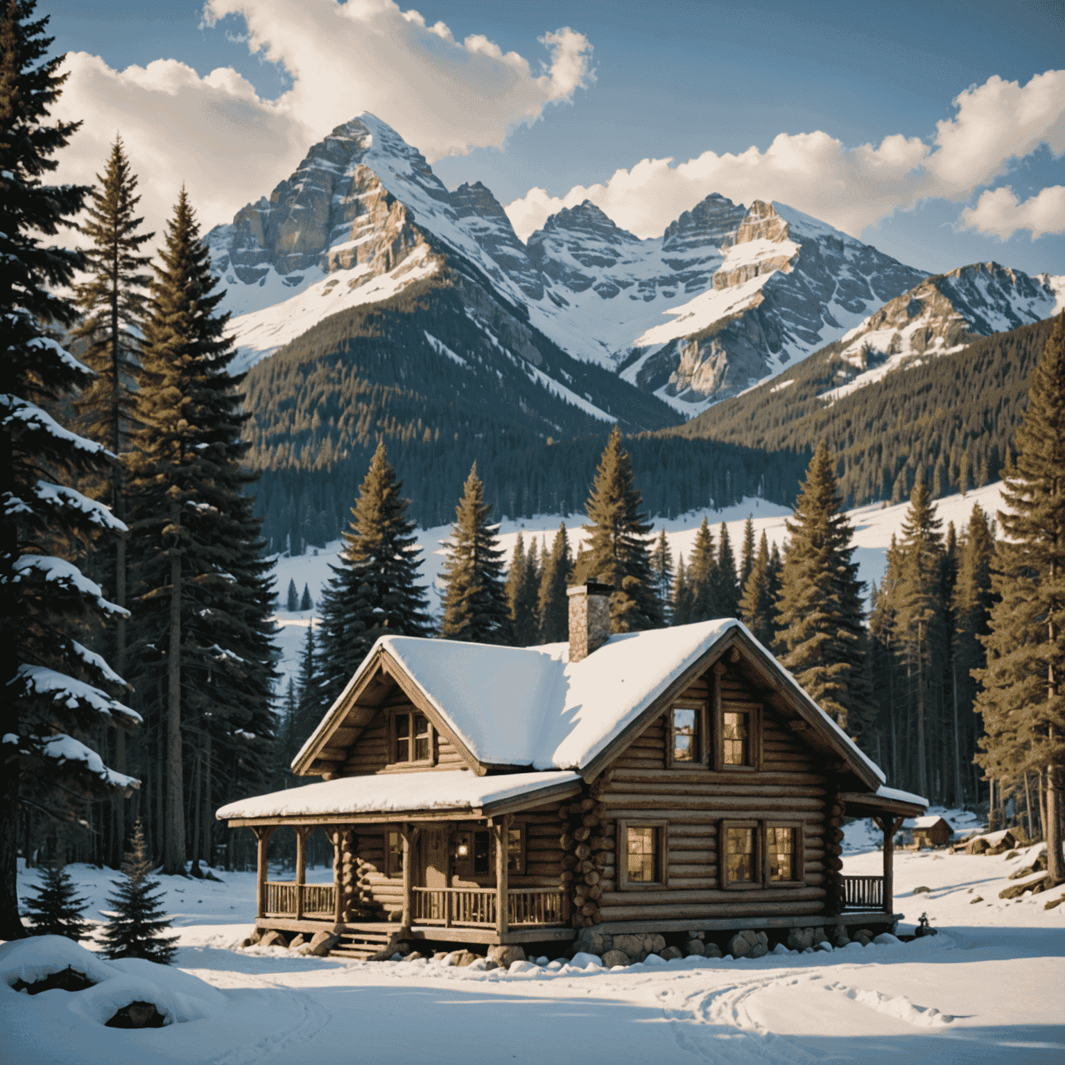 Cozy log cabin nestled in a pine forest with snow-capped mountains in the background, smoke rising from the chimney