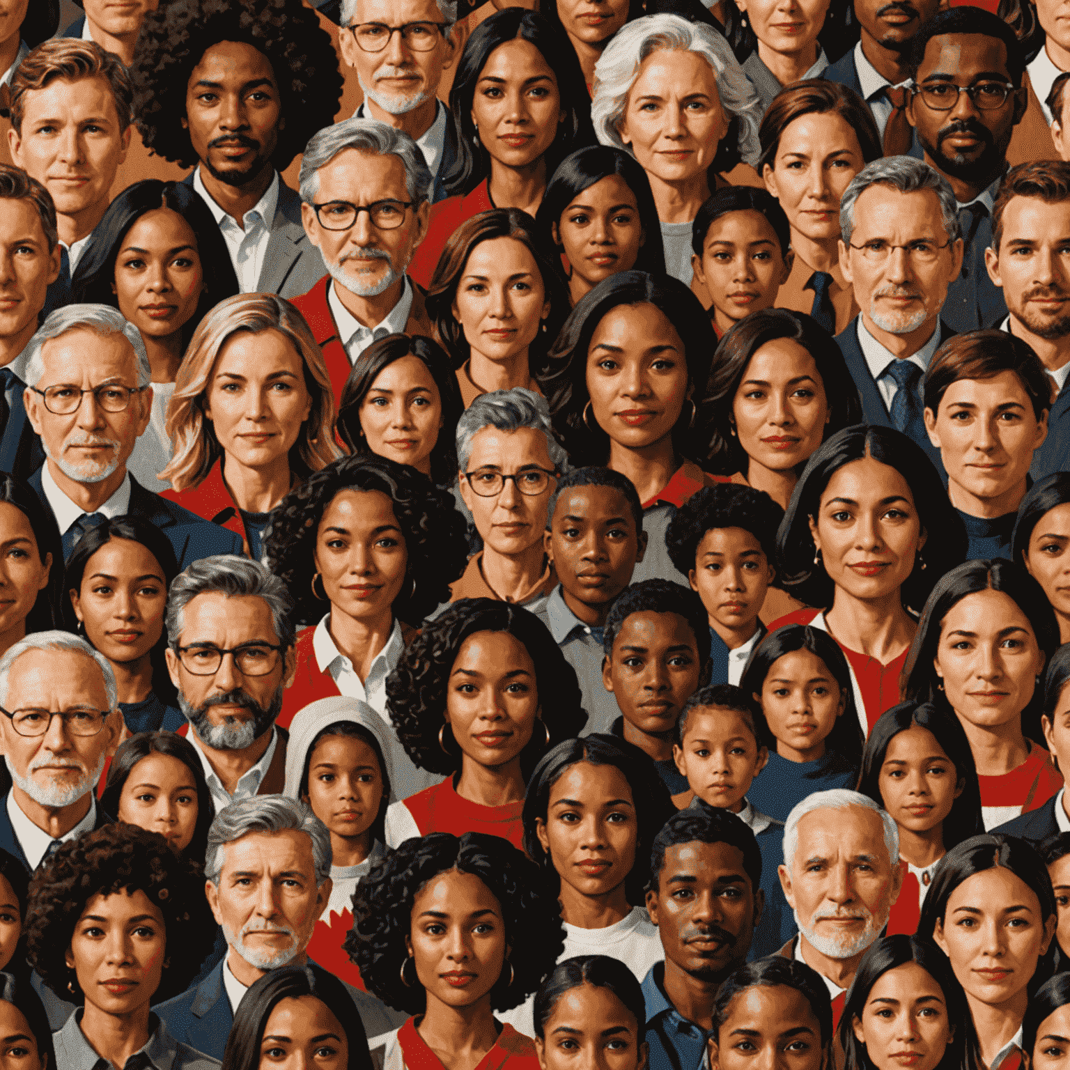 A collage of diverse faces representing various ethnicities, ages, and cultures found in Canada, symbolizing the country's multicultural identity