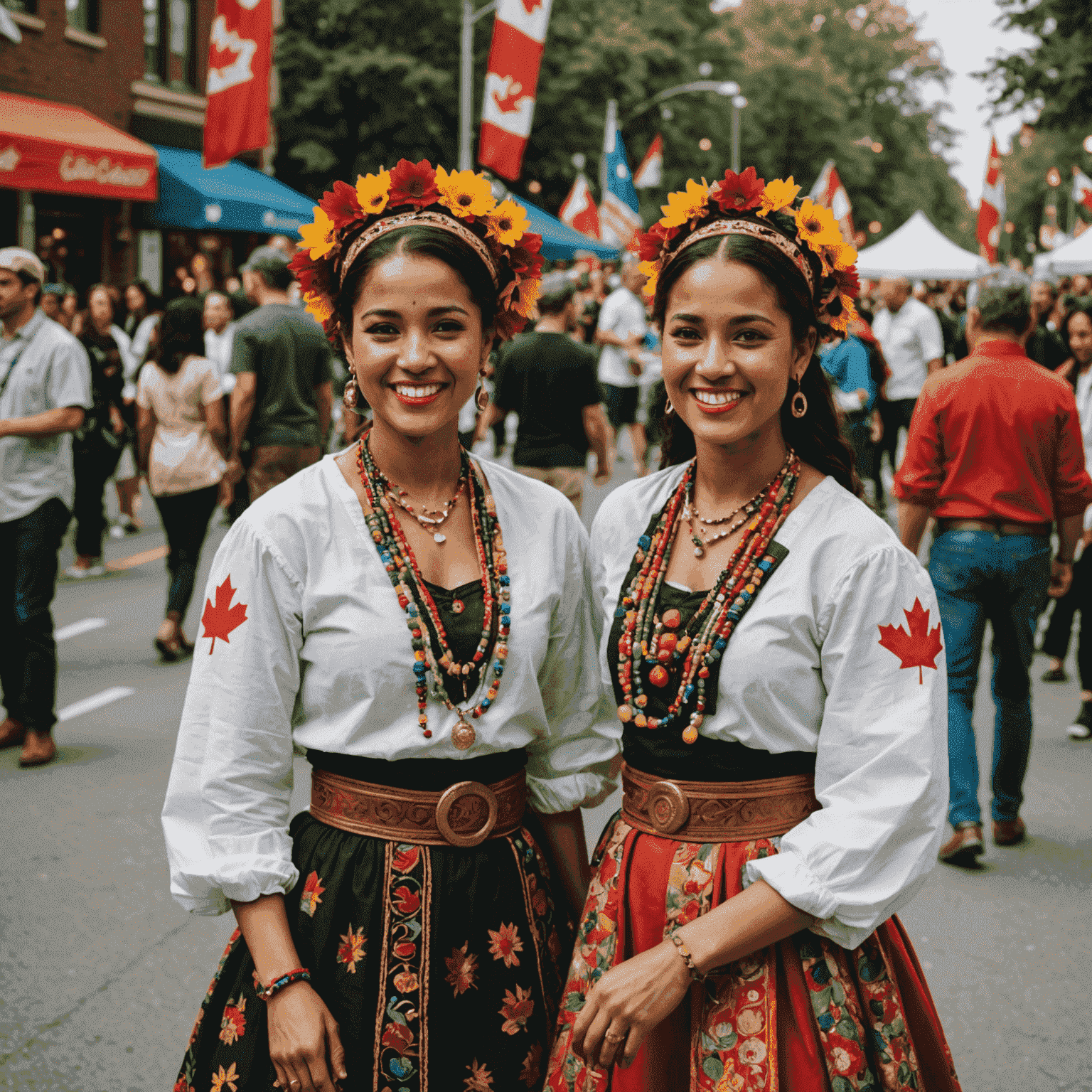 A vibrant street festival showcasing Canada's diversity. People from various ethnic backgrounds in traditional attire, sharing food, music, and dance.