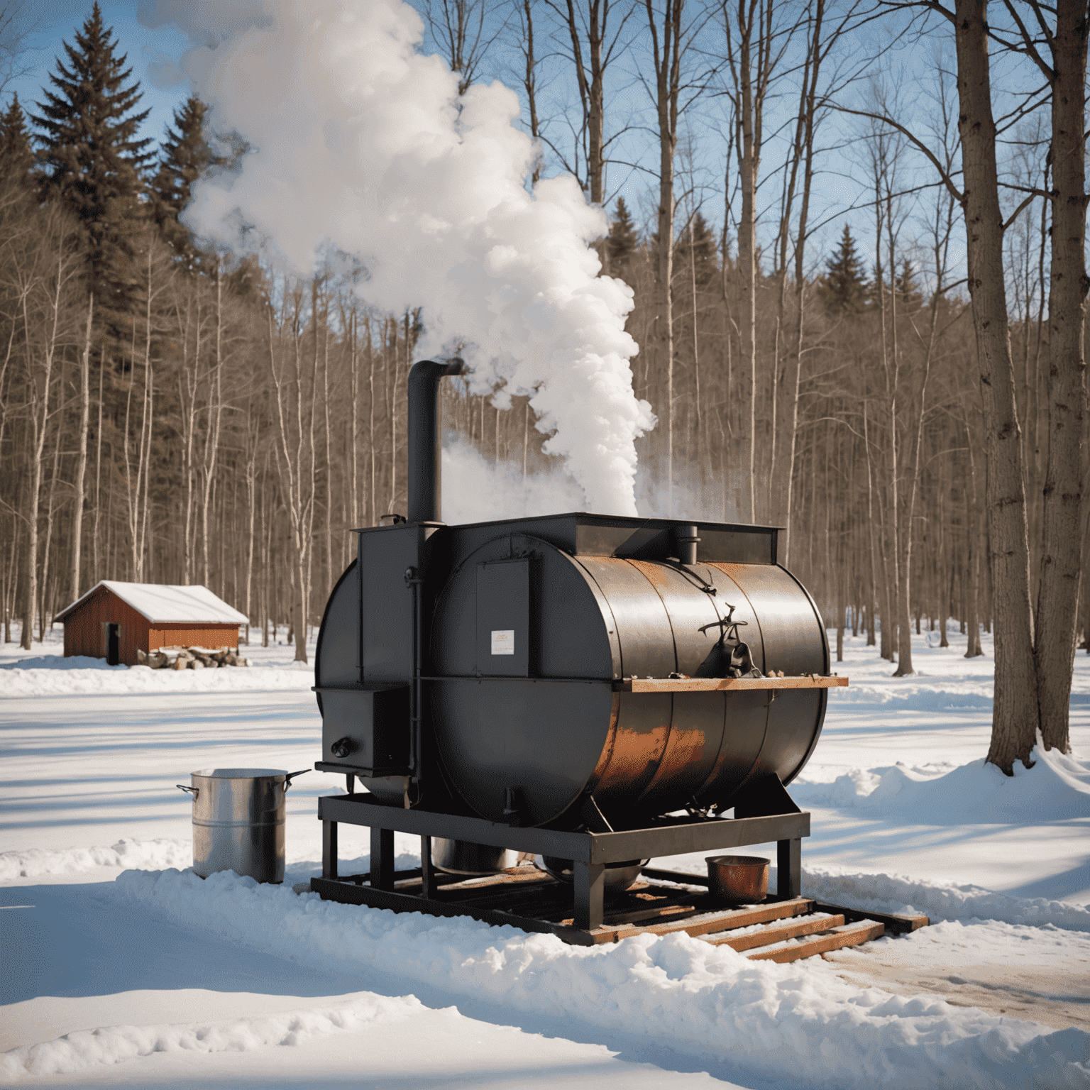 A modern maple syrup evaporator in action, with steam rising as sap is boiled down to syrup, operated by a Canadian farmer in traditional plaid