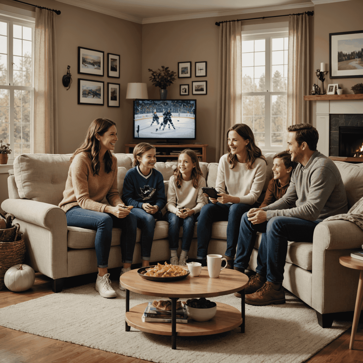 A family gathered around a TV in a cozy living room, watching a hockey game with excitement