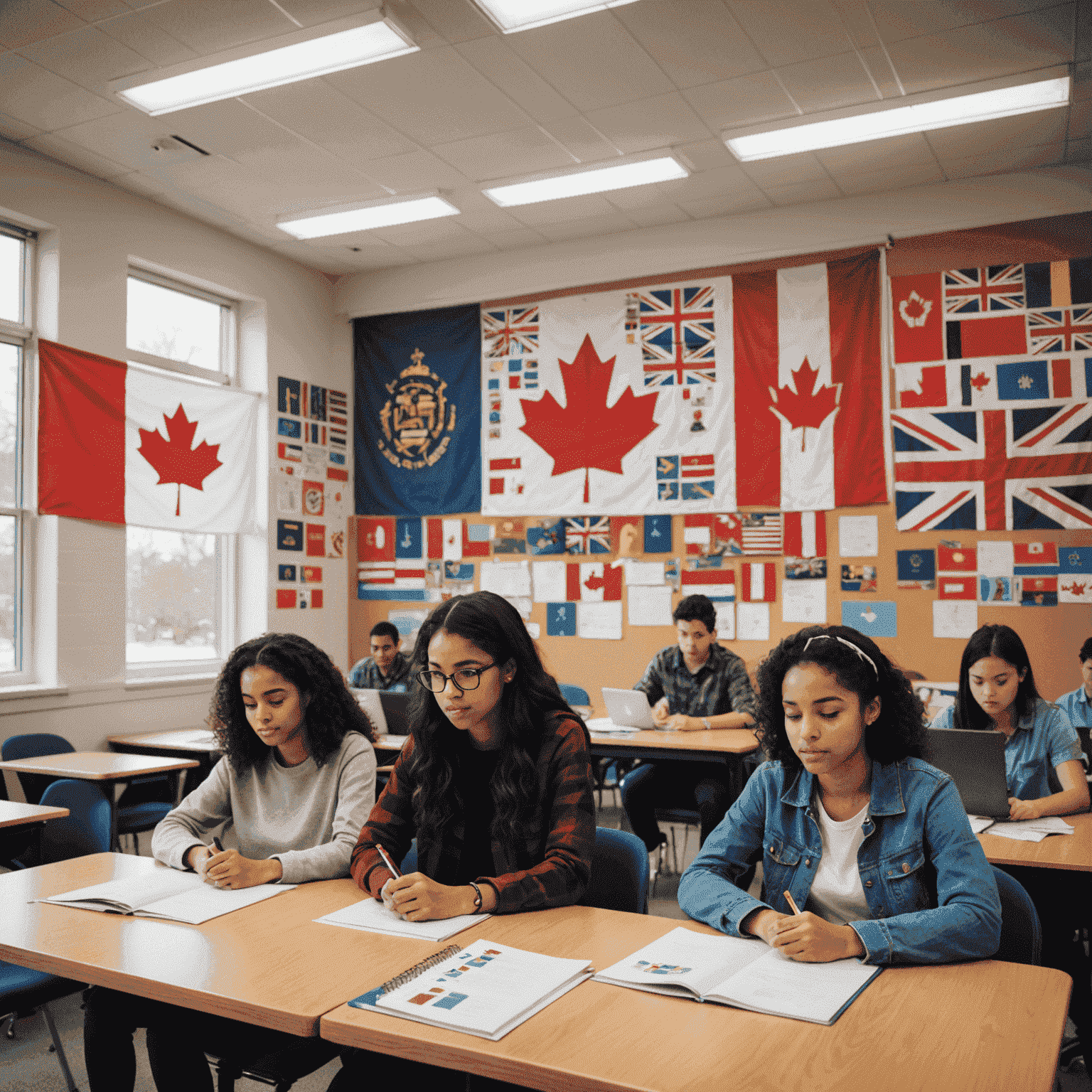 A diverse group of students collaborating in a modern Canadian classroom, with cultural artifacts and flags from various nations decorating the walls