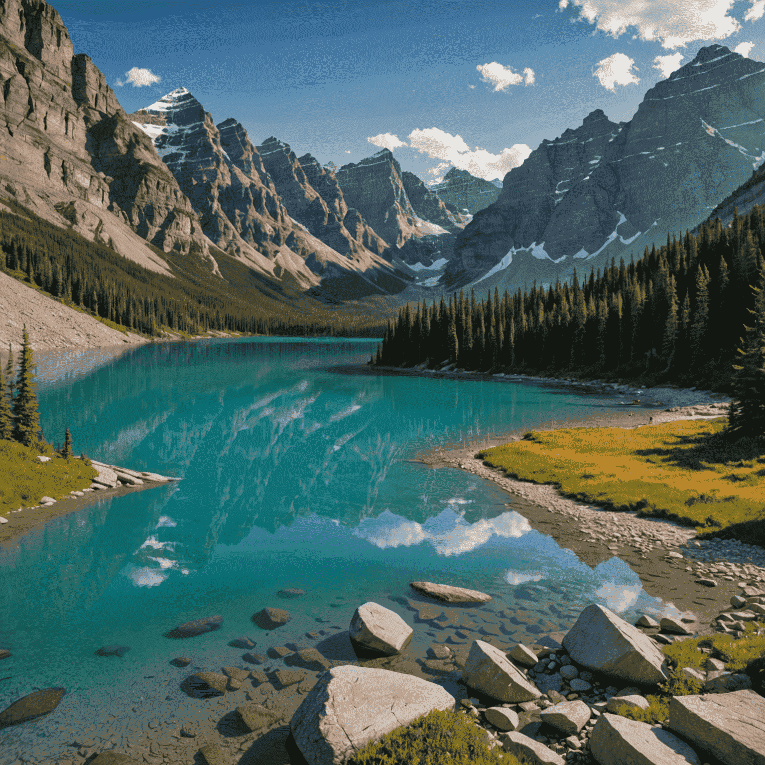 A stunning panorama of the Canadian Rockies with a crystal-clear lake in the foreground. Hikers and canoeists enjoying the pristine wilderness.