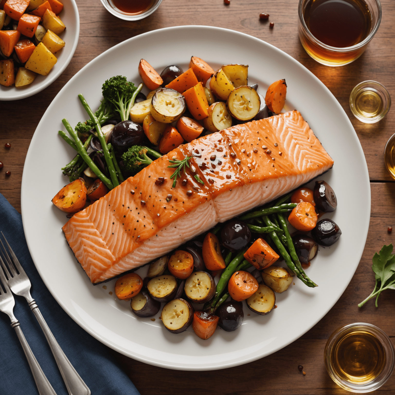 A beautifully presented plate featuring maple-glazed salmon, roasted vegetables, and a maple vinaigrette salad, showcasing the versatility of maple syrup in Canadian cuisine