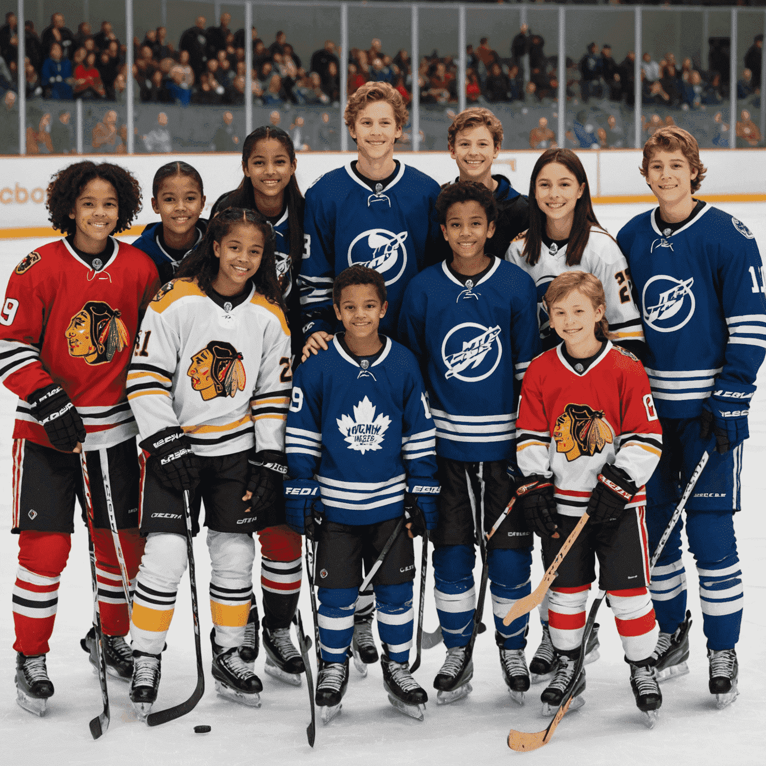 A diverse group of young hockey players, boys and girls of various ethnicities, posing together on the ice