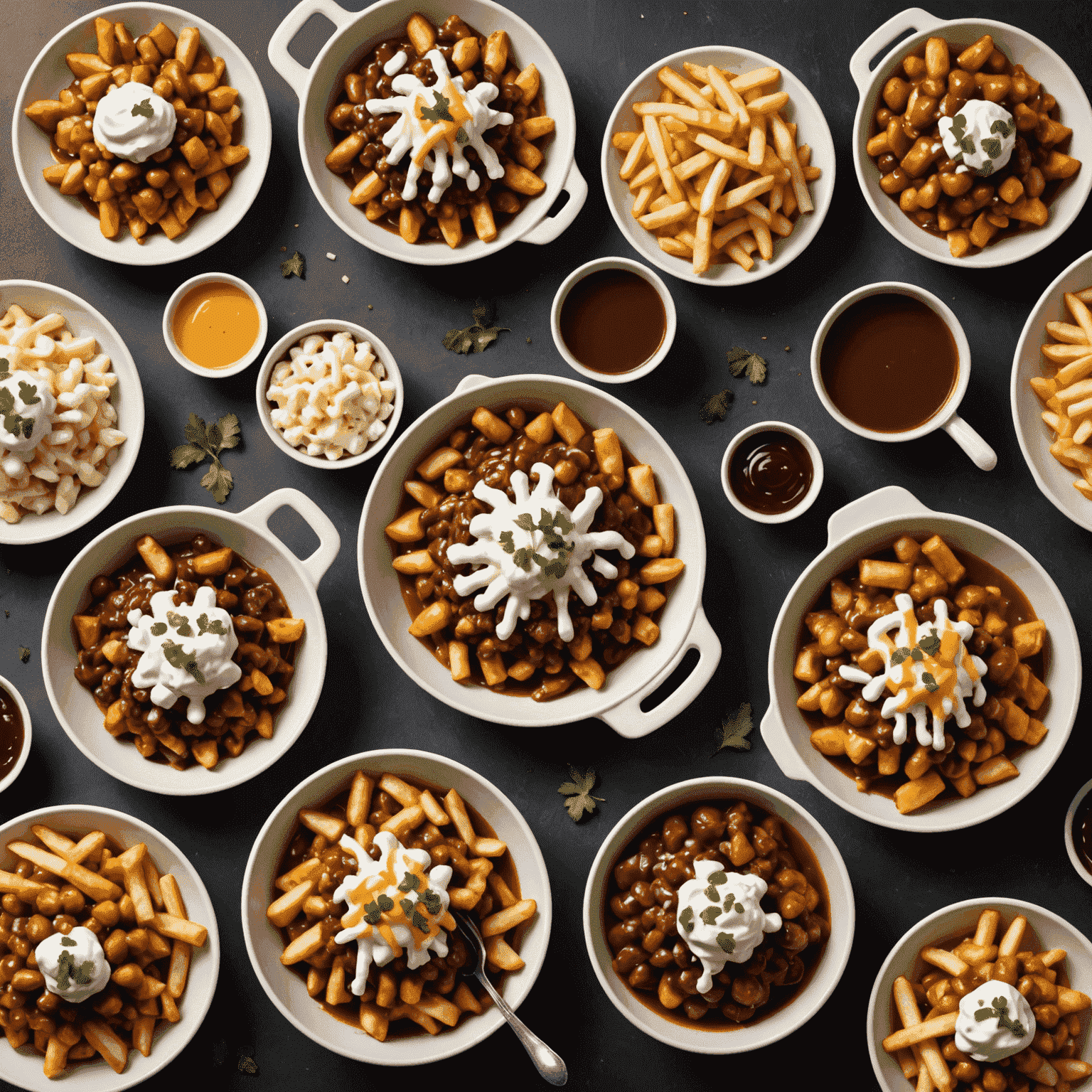 A mouthwatering display of various poutine dishes. From classic cheese curds and gravy to gourmet versions with unique toppings, showcasing regional variations.